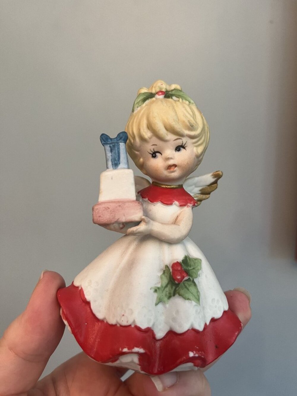 Vintage HOMCO Bisque Ceramic Christmas Angel Girl with Gifts